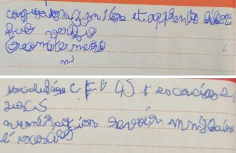 Écriture d'un enfant avant l'accompagnement CapDclic : lettres irrégulières, geste hésitant